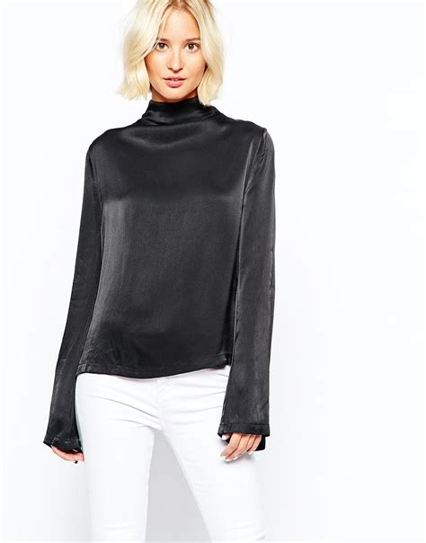 Weekday High Neck Fluted Sleeve Satin Top High Neck Top Leather