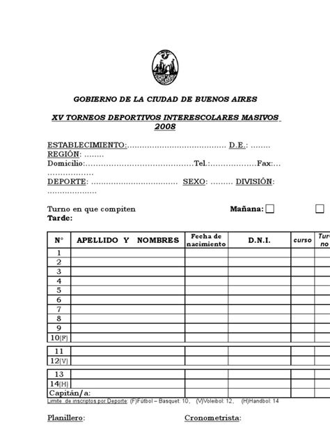 Planilla Inscripcion Torneo Deportes