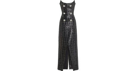 Balmain Strapless Embellished Sequined Metallic Tweed Gown In Black Lyst