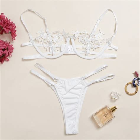 Sexy White Bikini Lace Hollow Out Spaghetti Straps Bra And Thong