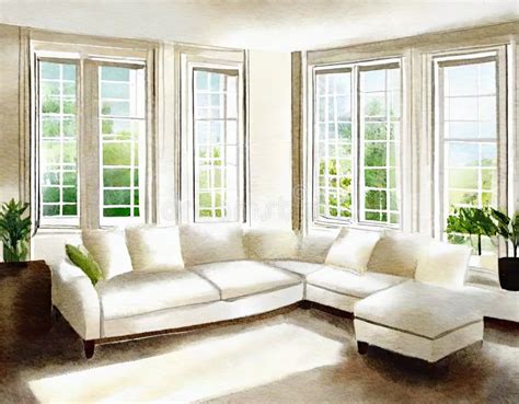 Watercolor Of Living Room With White Stock Illustration Illustration