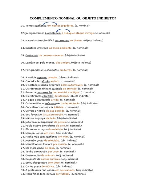 Complemento Nominal E Objeto Indireto - Diferença entre Complemento Nominal e Objeto Indireto | PDF
