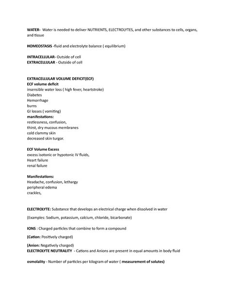 EXAM Questions Fluid And Elecrolytes WATER Water Is Needed To