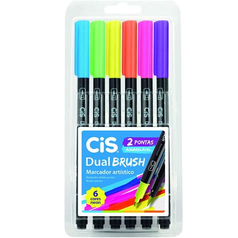 Marcador Artístico Cis Dual Brush Neon Estojo Com 6 Cores 2 Pontas