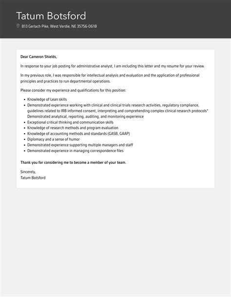 Administrative Analyst Cover Letter Velvet Jobs