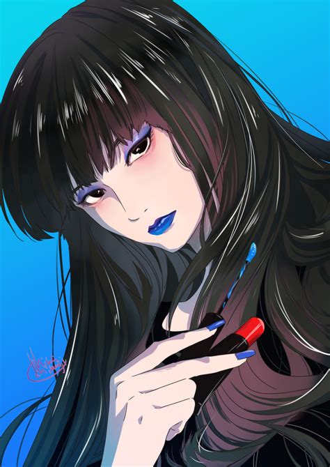 Safebooru 1girl Bangs Black Eyes Black Hair Black Shirt Blue Background Blue Lipstick Blue