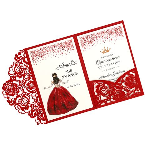 DORIS HOME 50pcs Laser Cut Quinceanera Invitations Red, 4.7x7.1 Blank ...