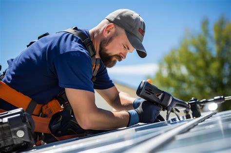 Premium AI Image Solar Panel Technician Installing With Drill