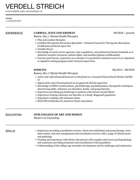 Mental Health Therapist Resume Samples Velvet Jobs