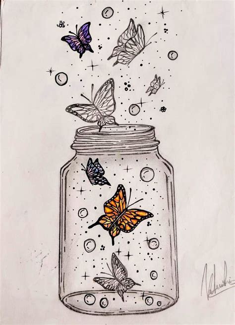 A Drawing Of Butterflies Flying Out Of A Jar