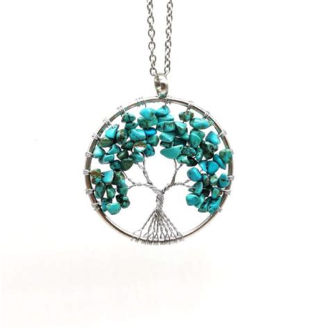 Collier Pendentif Rond Arbre De Vie Turquoise O Karma