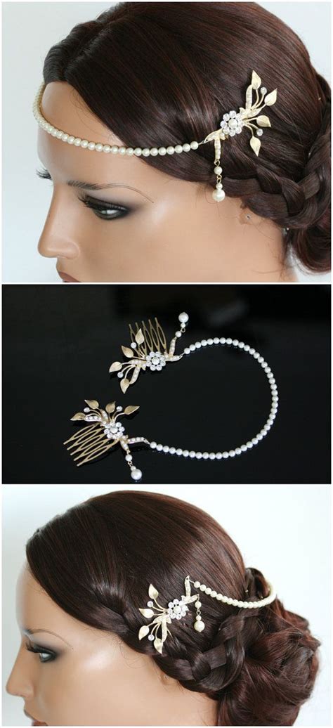 Wedding Forehead Band Pearl Halo Headpiece Matt Gold Leaves Bridal Hair