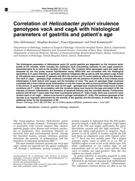 Pdf Correlation Of Helicobacter Pylori Virulence Genotypes Vaca And