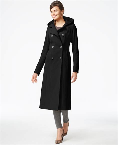 Anne Klein Wool Double Breasted Hooded Maxi Coat In Charcoal Gray Lyst