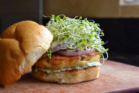 Greedy Girl Salmon Burger With Sweet Dill Cream