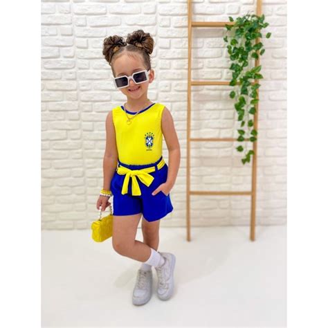 Conjunto Infantil Menina Brasil Roupa Copa Do Mundo Camisa Body