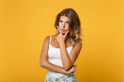 Pensive Young Woman Girl In Light Casual Clothes Posing Isolated On