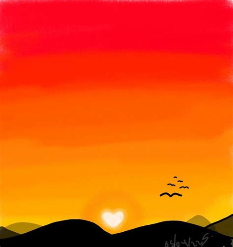 A Painting Of Birds Flying In The Sky At Sunset