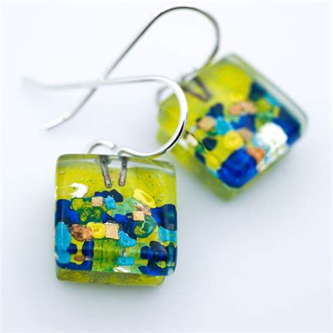 Fused Glass Earrings Garden Cubes Etsy Fused Glass Earrings Fused