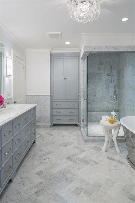 Honed Carrera Marble Herringbone Floor Tiles With Gray Recessed Linen