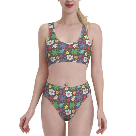 High Waisted Bikini Sets For Women Love Daisies Flowers Piece