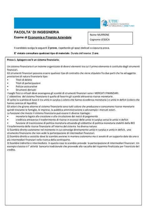 Spiegare cos’è un sistema finanziario | Appunti di Economia degli