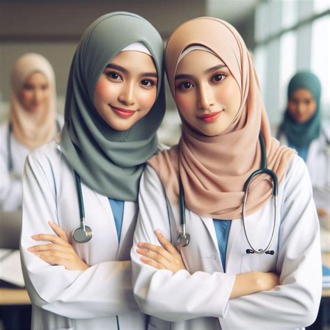 Premium Photo Two Beautiful Asian Female Doctors Wearing Modest Hijabs