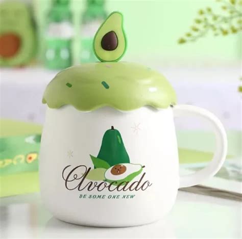 Taza De Cerámica Aguacate Avocado Con Tapa Y Chuchara Kawaii Meses