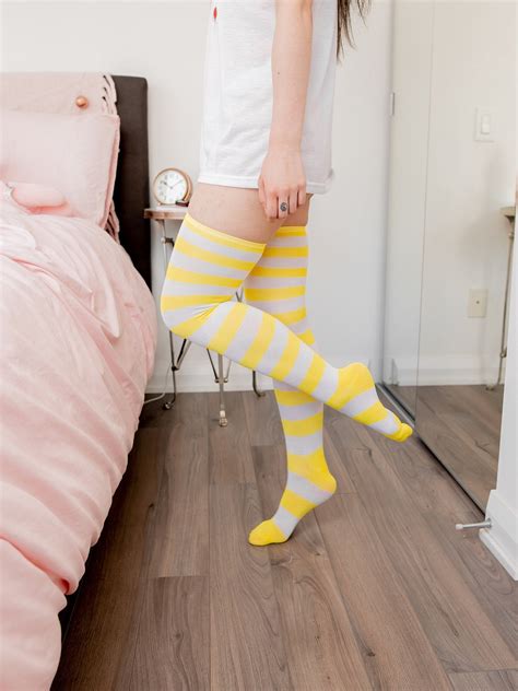 Yellow Knee High Striped Socks Sexy Anime Cosplay Lewd Etsy