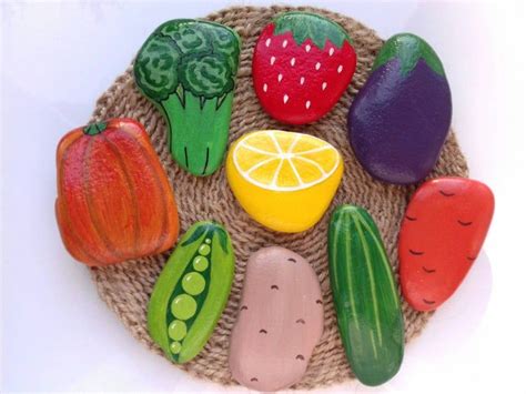 Vegetables And Fruits Colorful Painted Rocks 9 Set Play Food Set Food