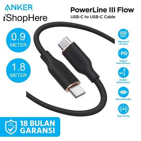 Jual Kabel Charger Anker Type C To C 100W Powerline III Flow 0 9m 1 8m