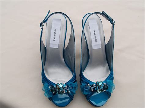 Size 7 Teal Shoes Wedding Peacock Comfortable Satin Heels Etsy