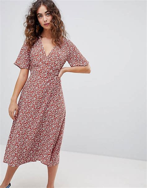 New Look Ditsy Floral Wrap Front Midi Dress Asos