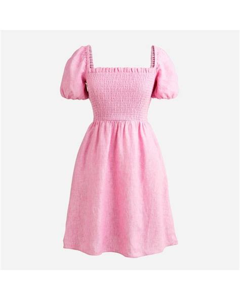 Jcrew Puff Sleeve Smocked Linen Mini Dress In Pink Lyst