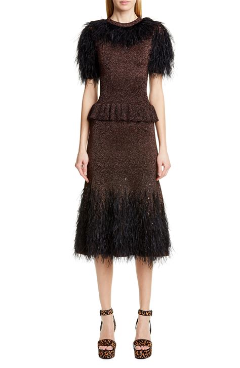 Michael Kors Feather Embellished Metallic Peplum Sweater Dress In Black