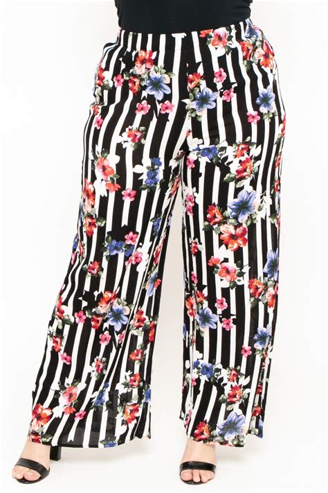 Plus Size Floral Print Wide Leg Pants Black Curvy Sense