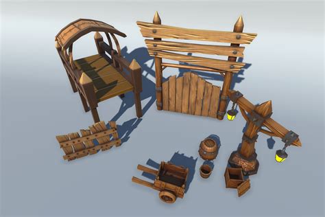 Stylized Wooden Medieval Environment And Props Set Basic Pack 3d