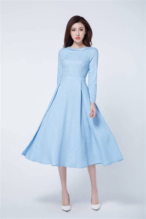 Light Blue Dress, Midi Dress, Pleated Dress, Spring Dress, Long Sleeves ...