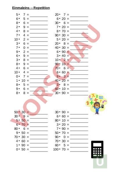 Arbeitsblatt Repetition Einmaleins Mathematik Multiplikation