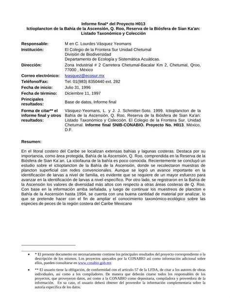 Pdf Informe Final Del Proyecto H Listado Taxon Mico Y Informe