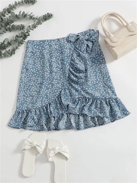 Women Ditsy Floral Ruffle Hem Wrap Knot Skirt Knot Skirt Floral