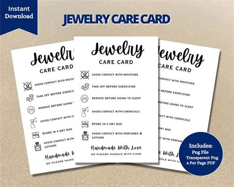 Jewelry Care Instructions Card Printable Jewelry Care Guide Inserts