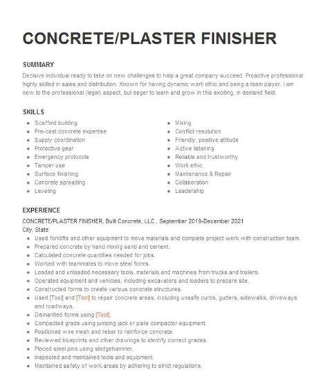 Concrete Plaster Finisher Resume Example