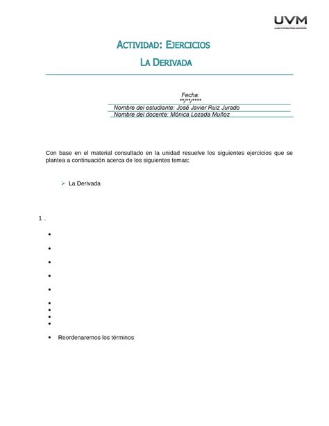 U3 Ejercicio ACTIVIDAD EJERCICIOS LA DERIVADA Fecha Nombre