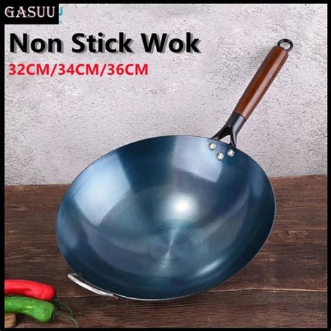 ANSEN Kawali Wok Non Stick Black Carbon Steel Wok For Gas Stove 32 34