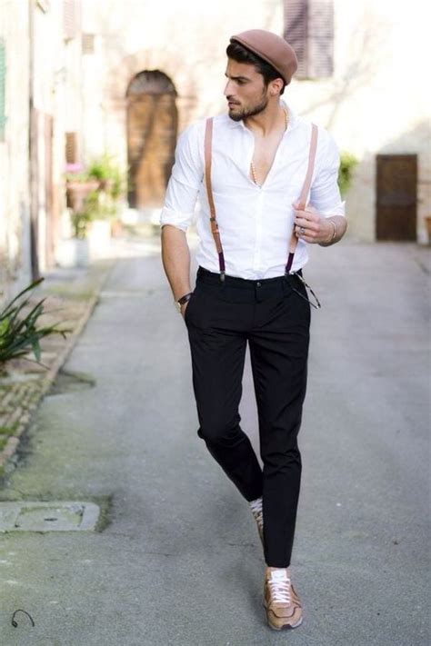 White Shirt Suspenders Outfits With Black Suit Trouser Mens