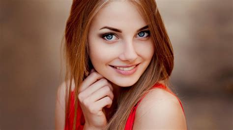 Redhead Smiley Girl Model In Blur Background Is Wearing Red Dress Hd