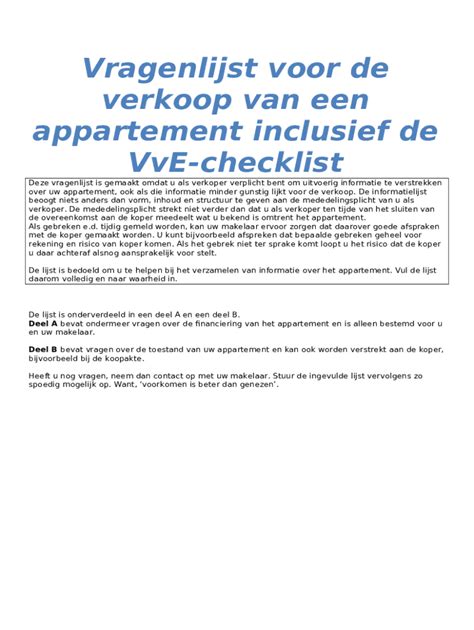 Vragenlijst Voor De Verkoop Van Een Appartement Inclusief Doc