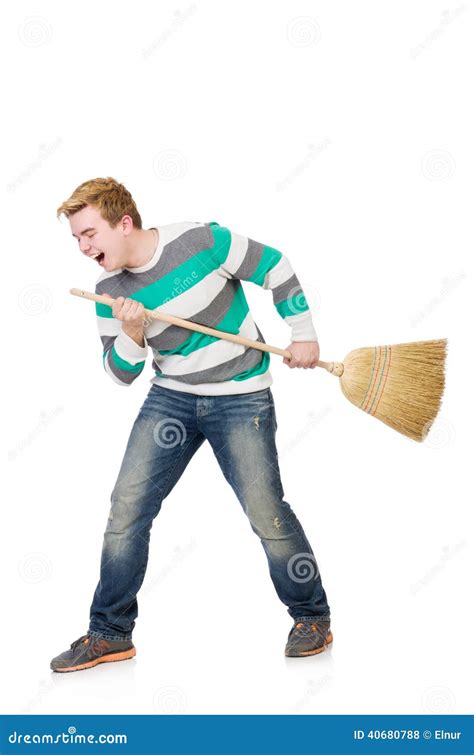 Funny Man With Mop Stock Photo Image Of Male Broom 40680788