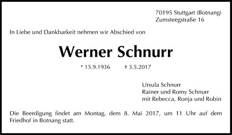 Traueranzeigen Von Werner Schnurr Stuttgart Gedenkt De